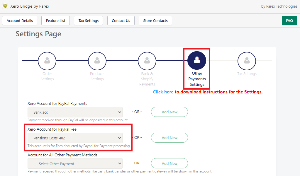 PayPal fees account selection in Xero bridge app.